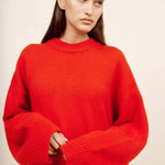 Front closeup view of cherry pali crew on model against a white background.