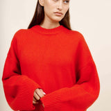 Front closeup view of cherry pali crew on model against a white background.