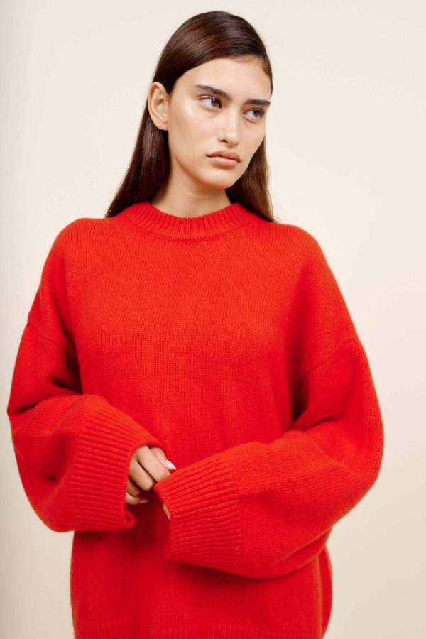 Front closeup view of cherry pali crew on model against a white background.