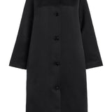 Front view of black ema coat on white background, with no model shown.