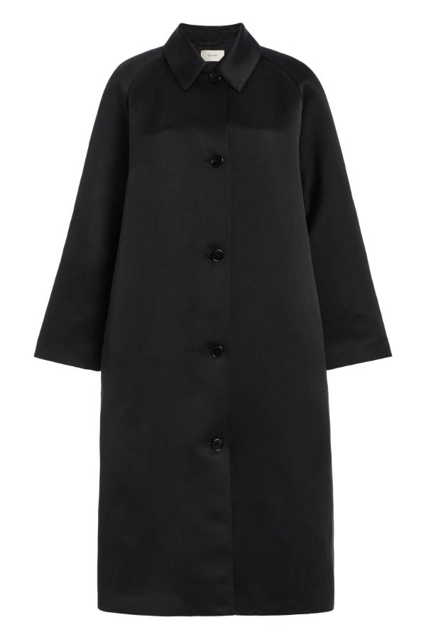 Front view of black ema coat on white background, with no model shown.