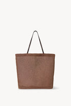 Front view of mesh and leather bag in acero on white background, with no model shown.
