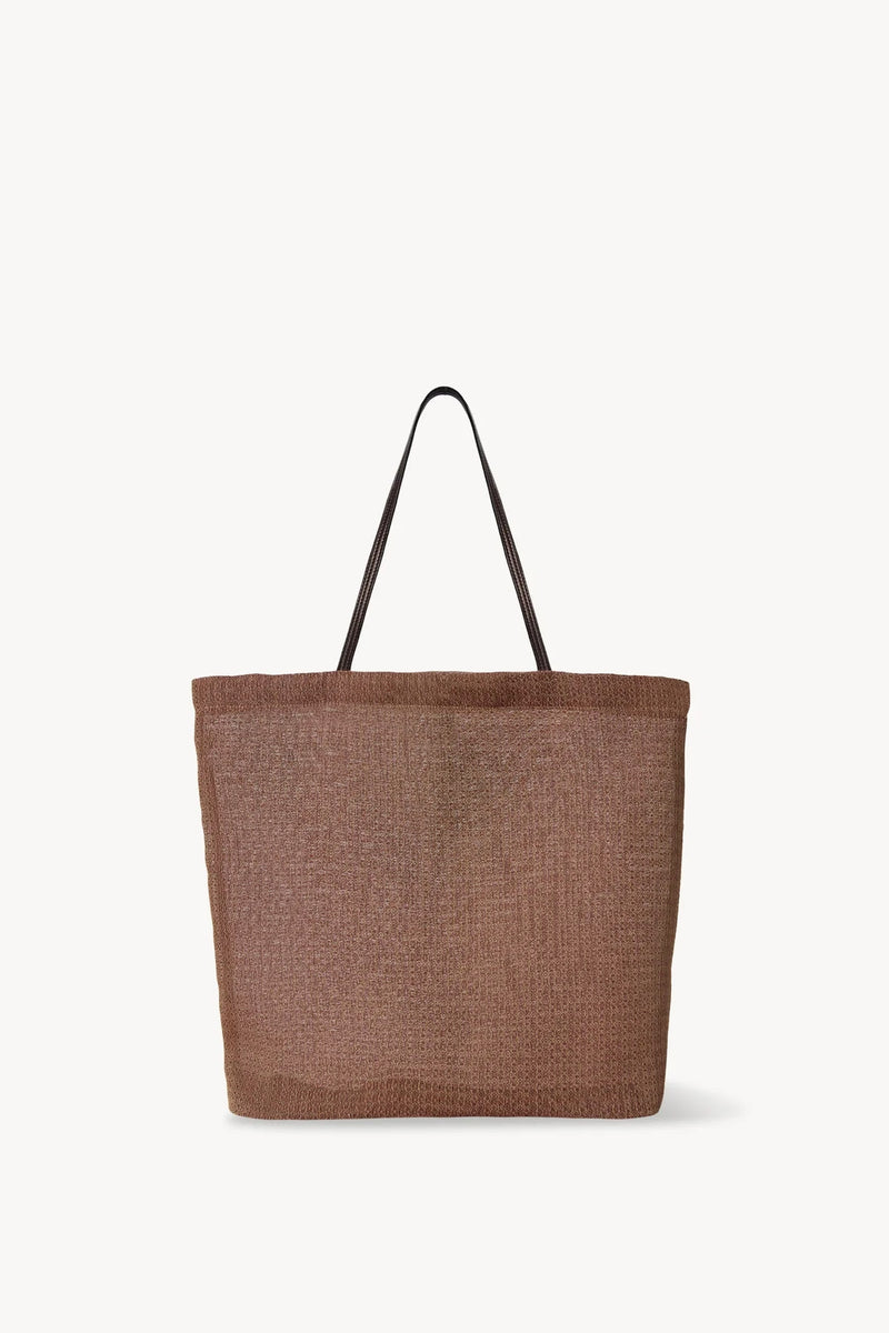 Front view of mesh and leather bag in acero on white background, with no model shown.
