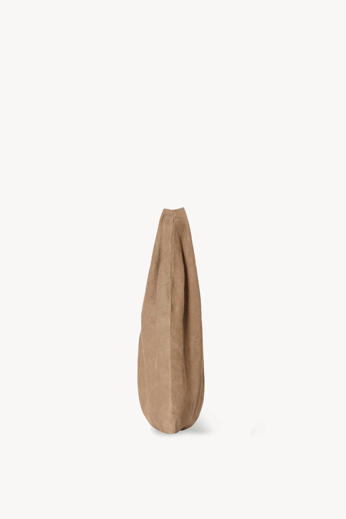 Side view of beige melange suede bag on white background, with no model shown.