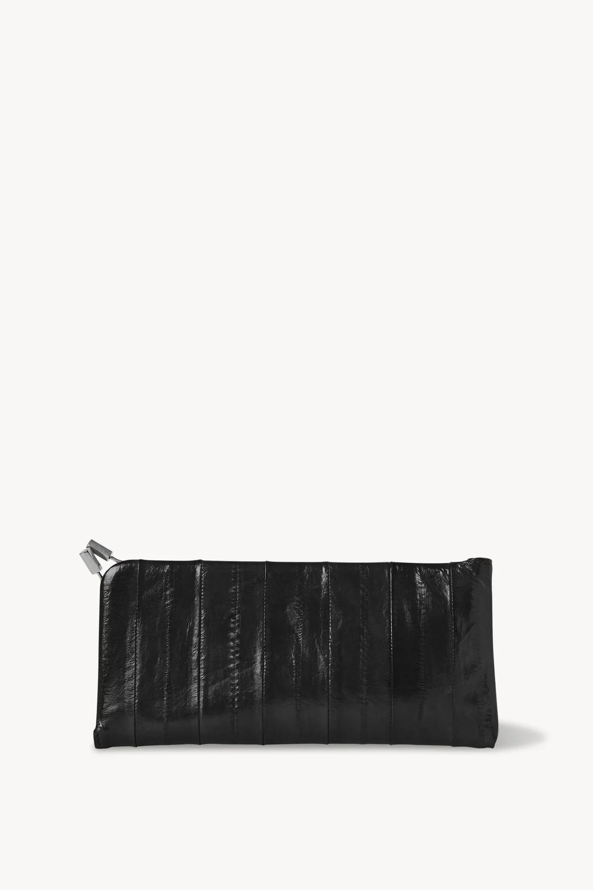 Front view of black clasp sunglass case on white background, with no model shown.
