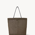Front view of a mesh and leather blue bag pictured on a white background, with no model shown.