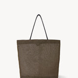 Front view of a mesh and leather blue bag pictured on a white background, with no model shown.