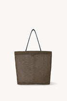 Front view of a mesh and leather blue bag pictured on a white background, with no model shown.