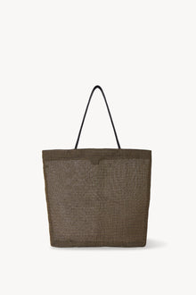 Front view of a mesh and leather blue bag pictured on a white background, with no model shown.