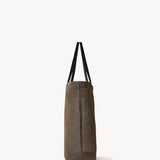Side view of a mesh and leather blue bag pictured on a white background, with no model shown.