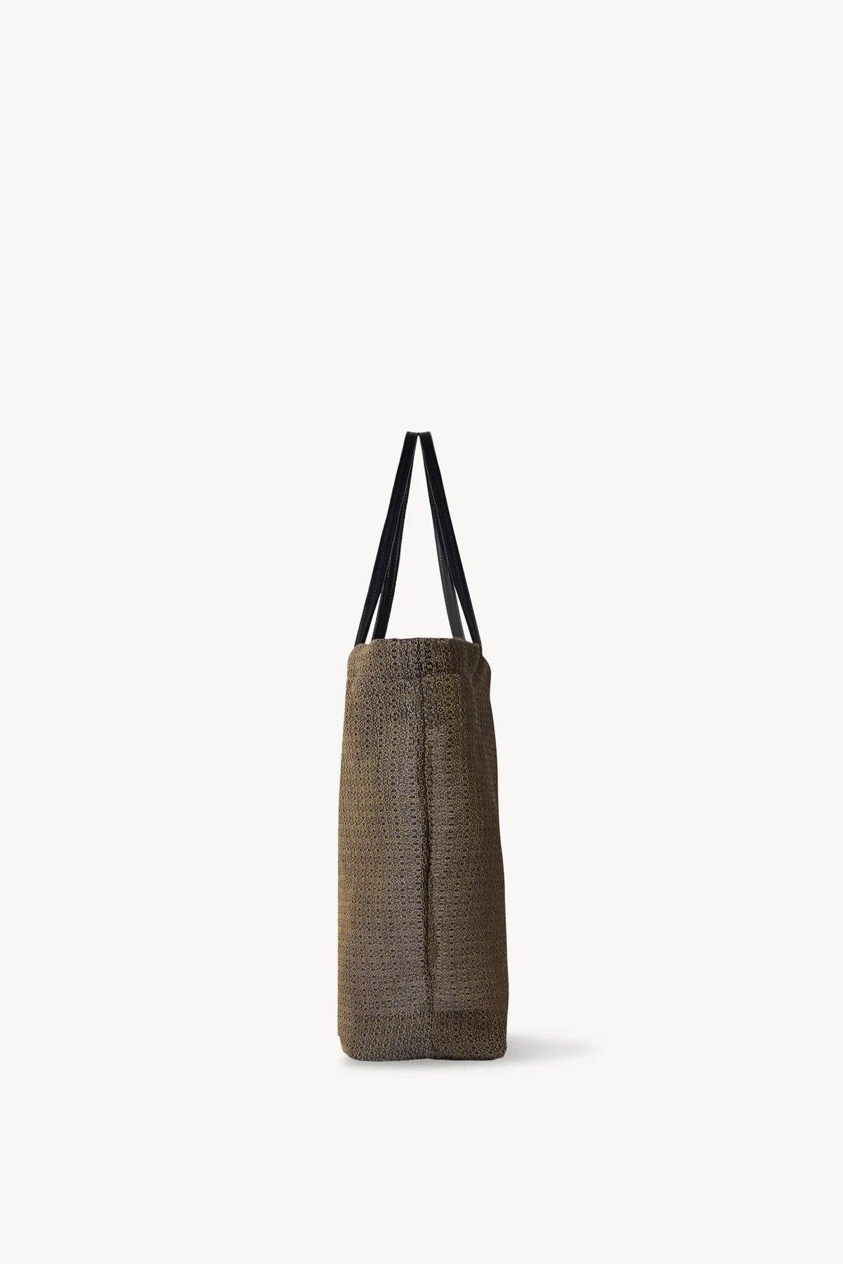 Side view of a mesh and leather blue bag pictured on a white background, with no model shown.