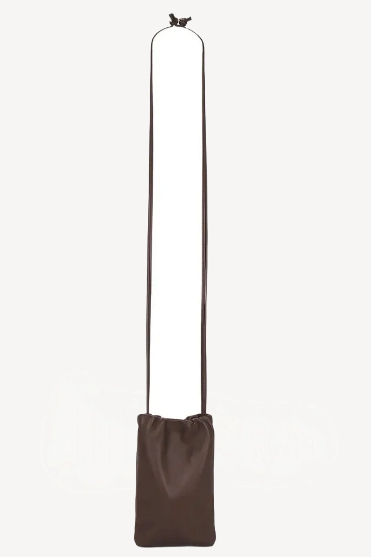 Front view of brown melange bag hanging on white background, with no model shown.