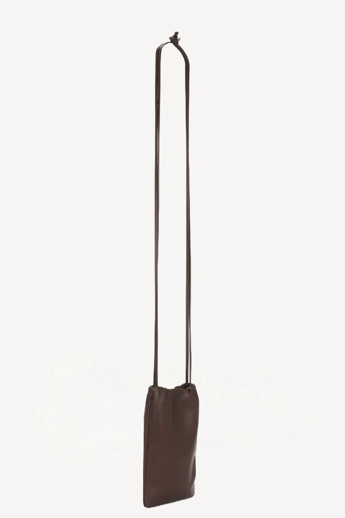 Side view of brown melange bag hanging on white background, with no model shown.