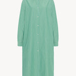  The image displays a front view of a green and white long-sleeved cotton midi button-down dress, and there is no model shown wearing the dress.