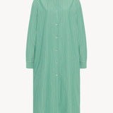  The image displays a front view of a green and white long-sleeved cotton midi button-down dress, and there is no model shown wearing the dress.