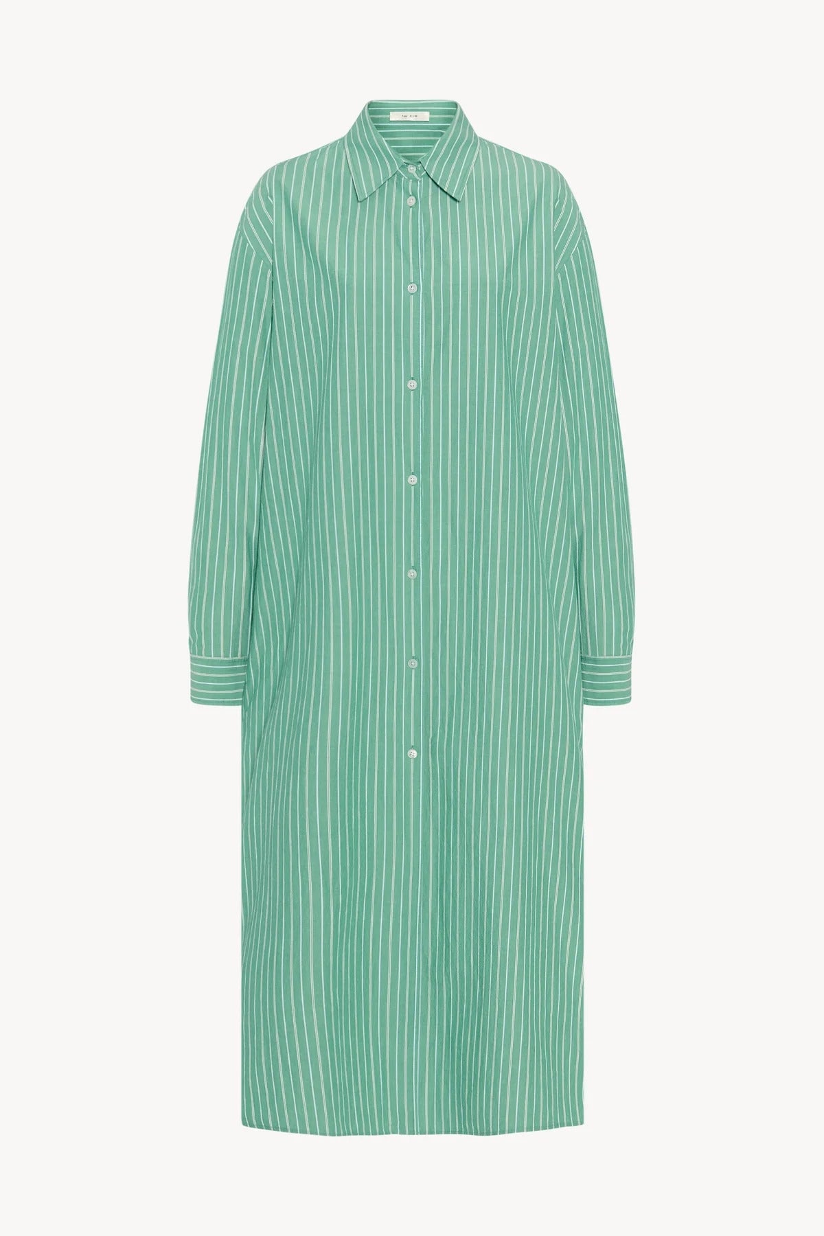  The image displays a front view of a green and white long-sleeved cotton midi button-down dress, and there is no model shown wearing the dress.