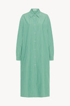  The image displays a front view of a green and white long-sleeved cotton midi button-down dress, and there is no model shown wearing the dress.