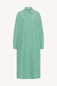  The image displays a front view of a green and white long-sleeved cotton midi button-down dress, and there is no model shown wearing the dress.