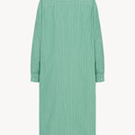 The image displays the back view of a long-sleeved midi dress. It is a button-down style, crafted from green and white cotton. The dress is presented on a plain white background.