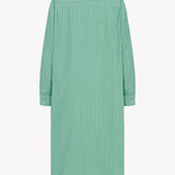 The image displays the back view of a long-sleeved midi dress. It is a button-down style, crafted from green and white cotton. The dress is presented on a plain white background.