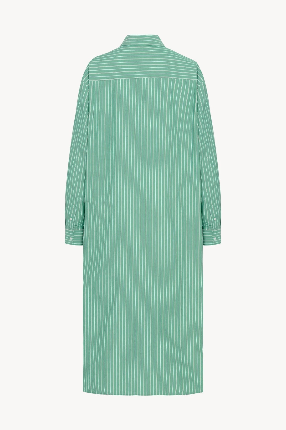 The image displays the back view of a long-sleeved midi dress. It is a button-down style, crafted from green and white cotton. The dress is presented on a plain white background.