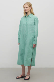 A blonde-haired model is shown in a front-facing view against a white backdrop. She is wearing a long-sleeved, green and white cotton button-down midi dress paired with black sandals.