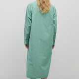 Long blond-haired model wears long-sleeved green with white button-down midi dress and black sandals. Back viewpoint with white background.