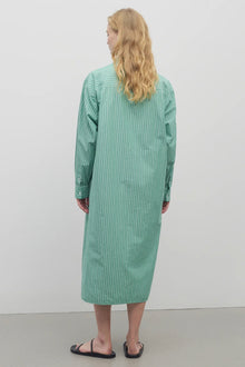 Long blond-haired model wears long-sleeved green with white button-down midi dress and black sandals. Back viewpoint with white background.