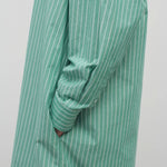 A side closeup of the model wearing a long-sleeved green and white cotton button-down midi dress  is over a white backdrop.