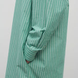 A side closeup of the model wearing a long-sleeved green and white cotton button-down midi dress  is over a white backdrop.