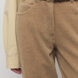 Front closeup view of anise clair pant on model wearing yellow shirt and brown belt, against a white background.