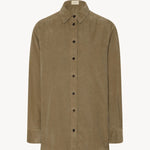 Front view of beige corduroy sisilia shirt on white background, with no model shown.