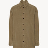 Front view of beige corduroy sisilia shirt on white background, with no model shown.