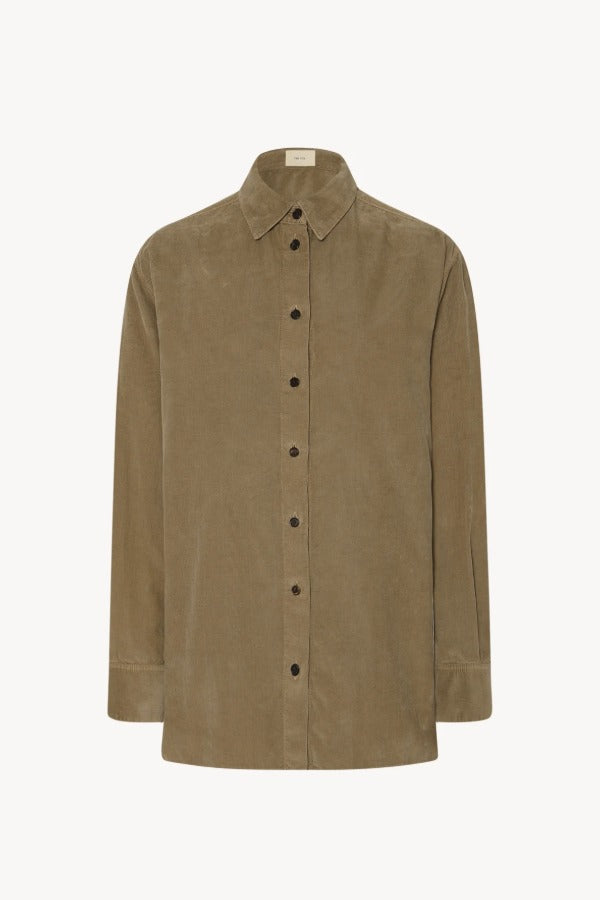 Front view of beige corduroy sisilia shirt on white background, with no model shown.