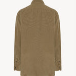 Back view of beige corduroy sislia shirt on white background, with no model shown.
