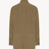 Back view of beige corduroy sislia shirt on white background, with no model shown.