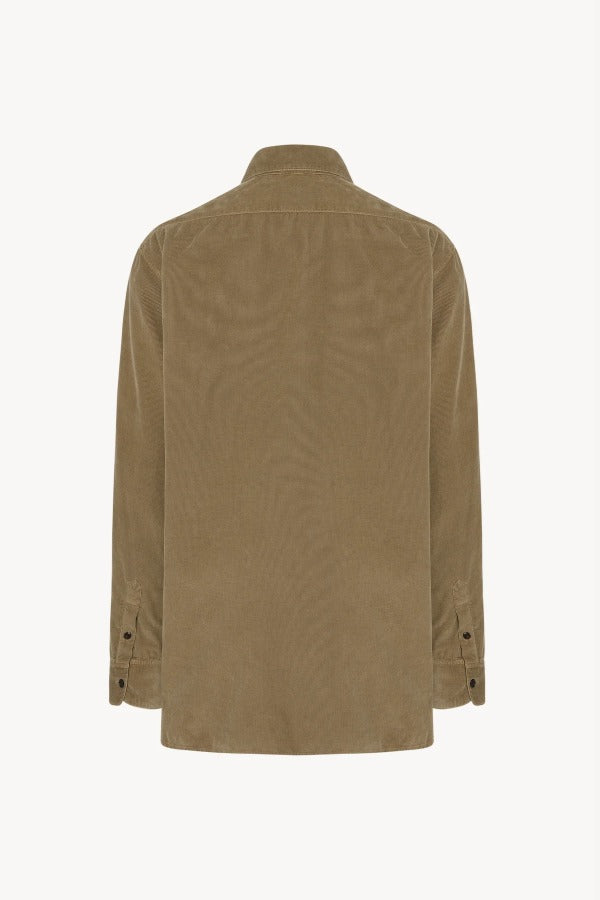 Back view of beige corduroy sislia shirt on white background, with no model shown.