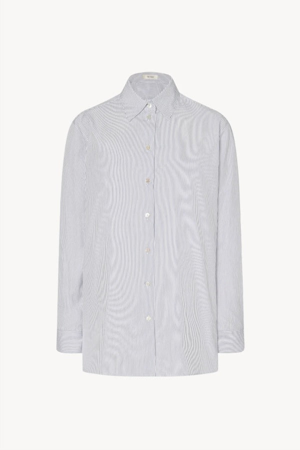 Front view of blue/white cotton sisilia shirt on white background, with no model shown.