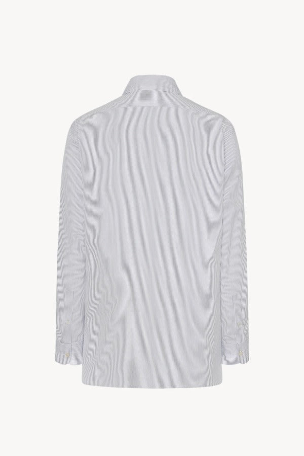 Back view of blue/white cotton sisilia shirt on white background, with no model shown.