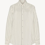 Front view of grey stripe shirt on white background, with no model shown.