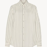 Front view of grey stripe shirt on white background, with no model shown.