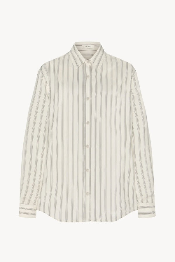 Front view of grey stripe shirt on white background, with no model shown.