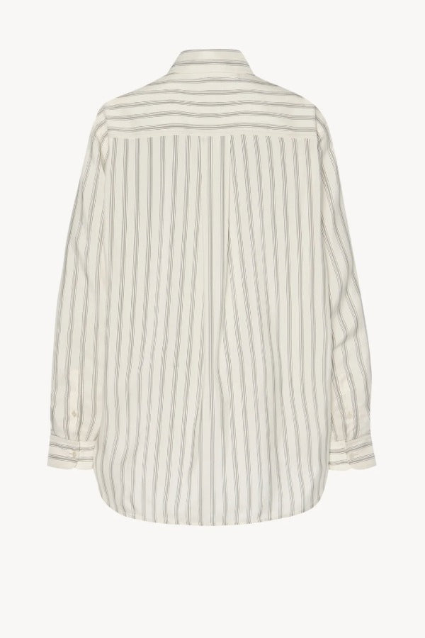 Back view of grey stripe shirt on white background, withe no model shown.