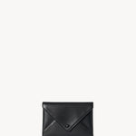 Front view of black envelope clutch on white background, with no model shown.