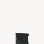 Front slanted view of black envelope clutch on white background, with no model shown.