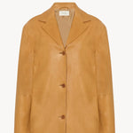 A caramel colored lambskin leather jacket, shown without model of the front facing jacket.