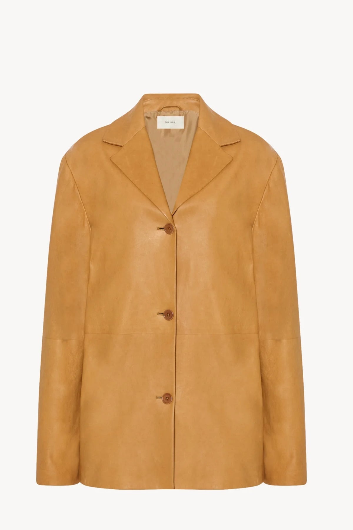 A caramel colored lambskin leather jacket, shown without model of the front facing jacket.