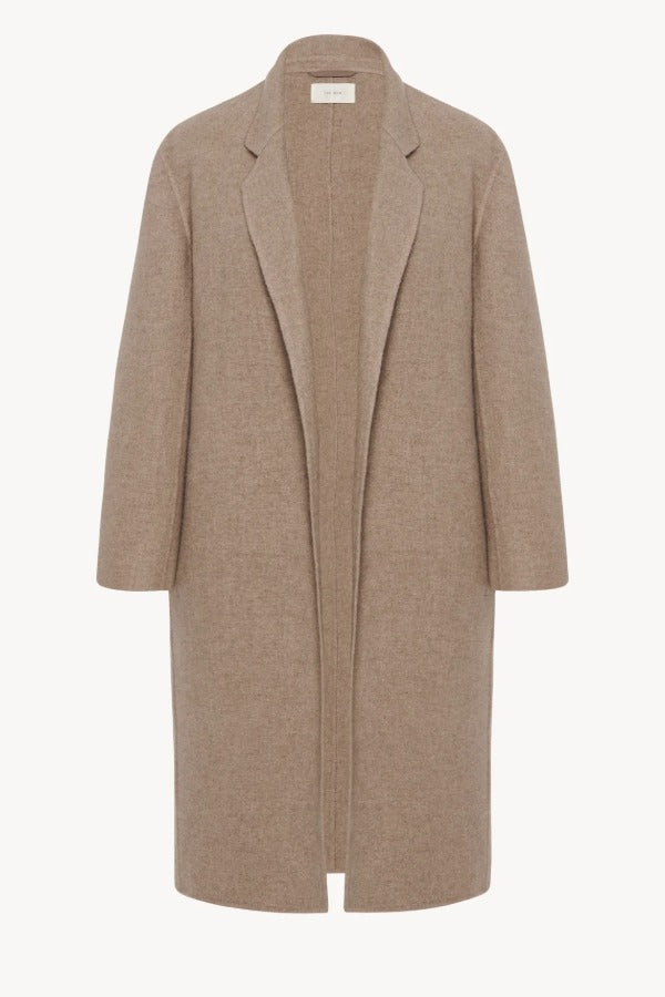 Front view of natural fedra coat on white background, with no model shown.
