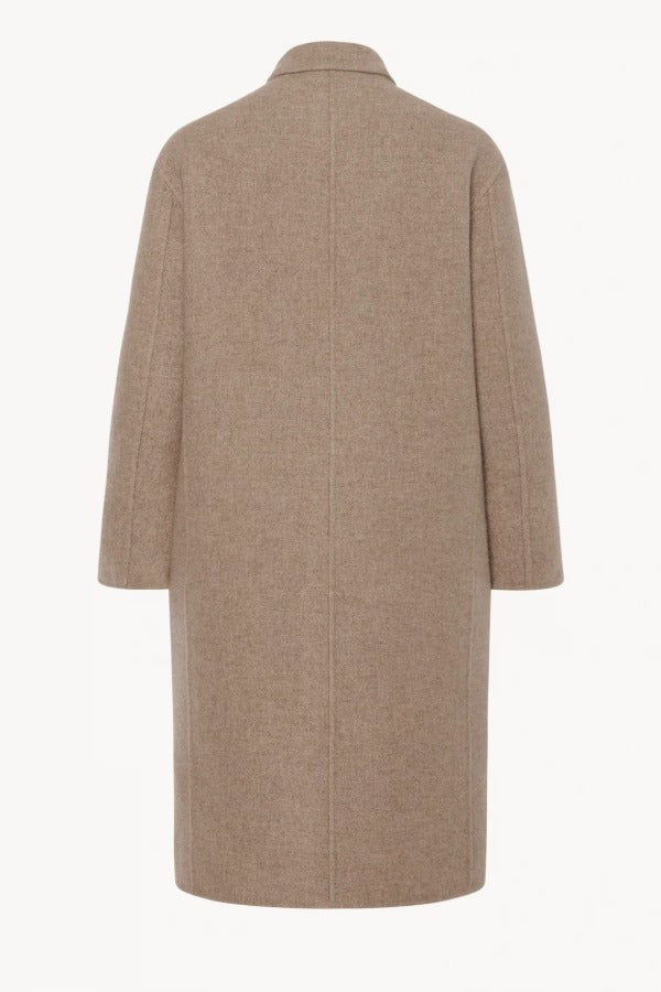Back view of natural fedra coat on white background, with no model shown.