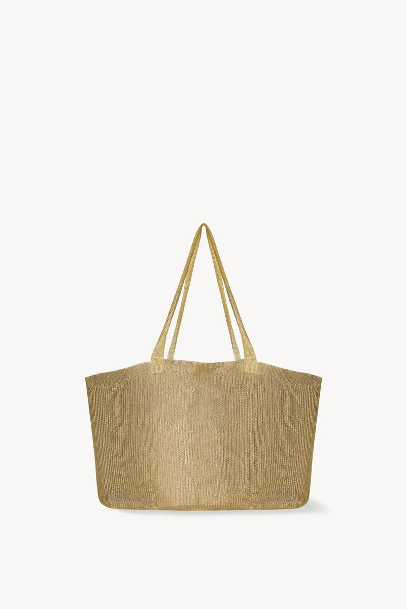Front view of gold mesh bag on white background, with no model shown.